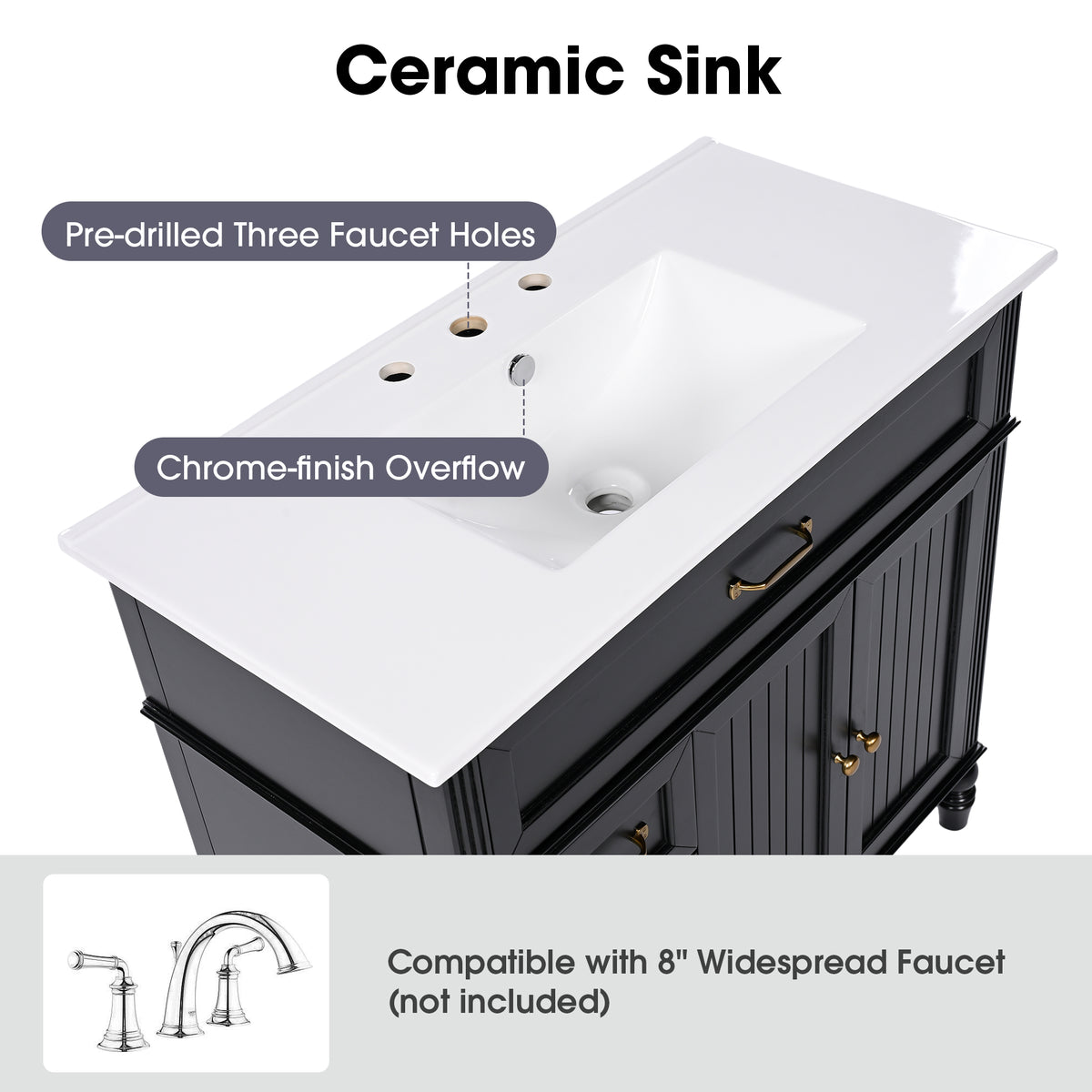 36" Bathroom Vanity With Sink, Black Bathroom Cabinet With Drawers, Solid Frame And Mdf Board, One Package Black Solid Wood Mdf
