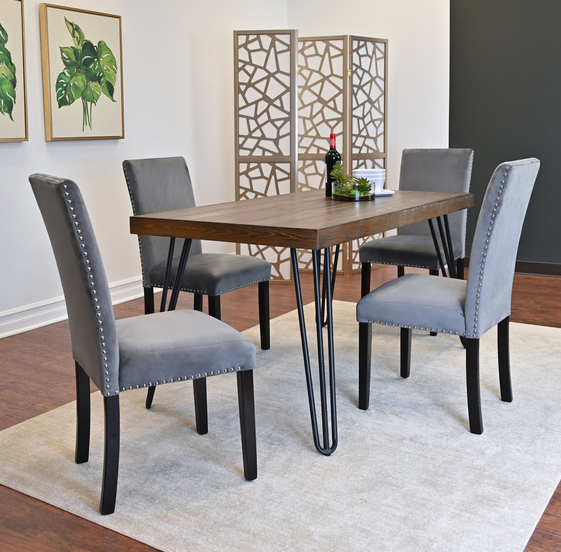Aso 5 Piece Dining Set, Hairpin Dining Table With 4 Chairs, 3 Color Options Brown Metal Dining Room Fixed Table Rubberwood Rectangular Dining Table With Chair Metal Wood Brown Seats 4 Rectangular 4 Leg Mdf Metal