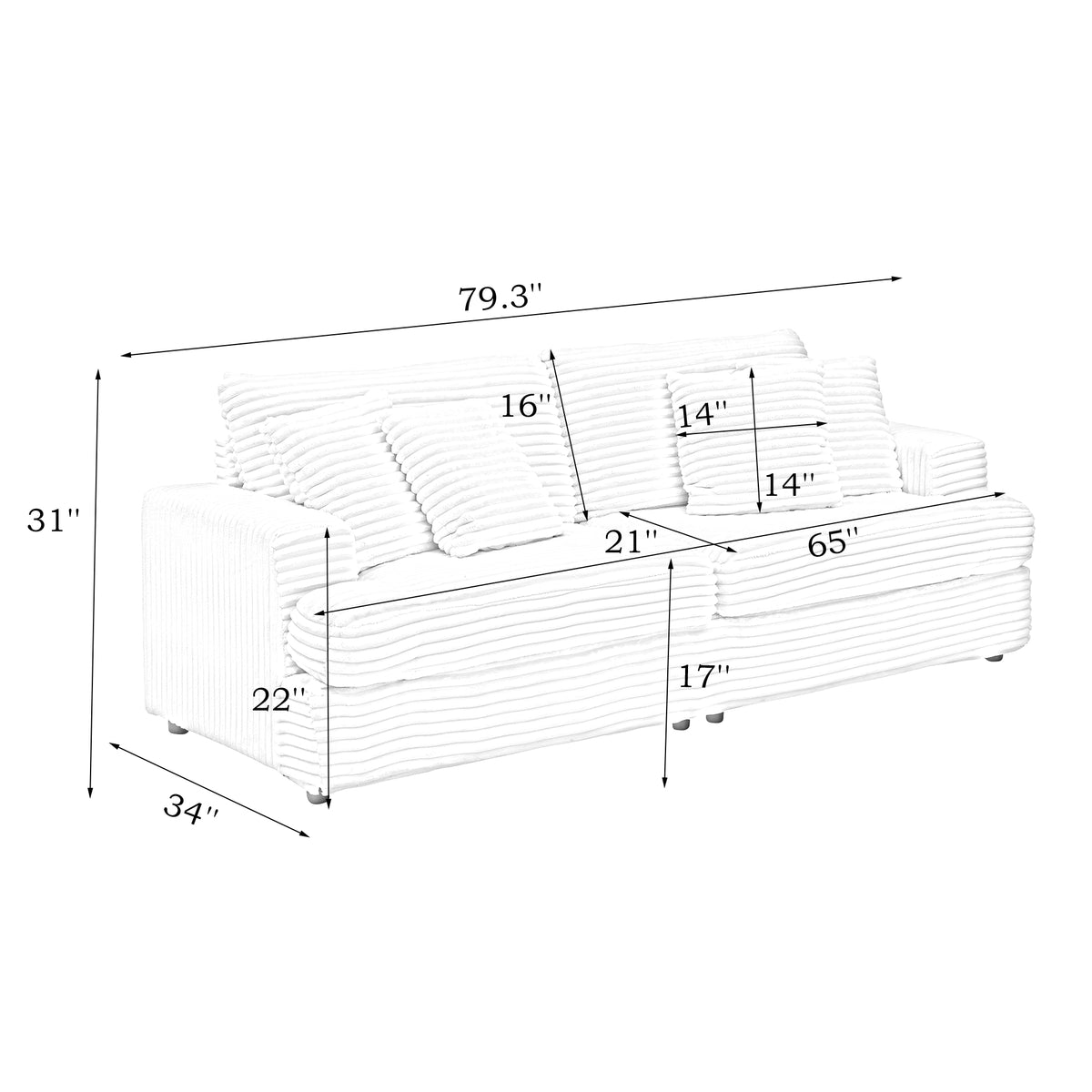 79.3Nch Corduroy Sofa With 4 Matching Toss Pillows Sleek Design Spacious And Comfortable 3 Seater Couch For Modern Living Room,White White Corduroy 3 Seat