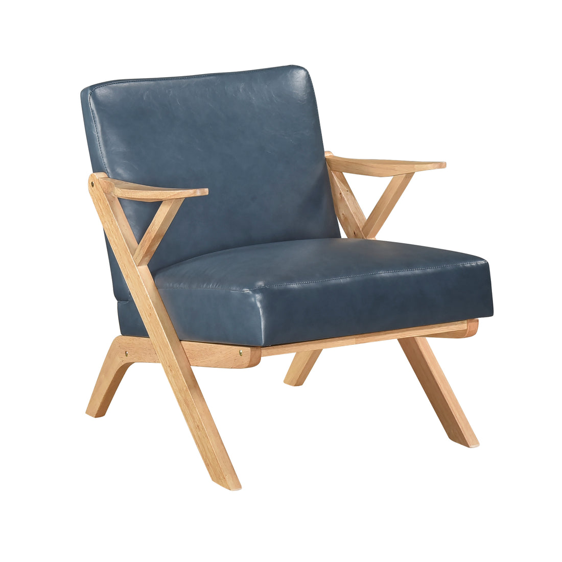 Natural Finish Solid Rubberwood Frame 1Pc Accent Chair Blue Faux Leather Upholstery Living Room Furniture Blue,Natural Primary Living Space Rubberwood Solid Wood