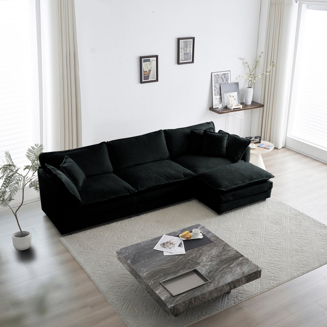 Free Combination Comfy Upholstery Modular Oversized L Shaped Sectional Sofa With Reversible Ottoman, Black Chenille Black Chenille 3 Seat