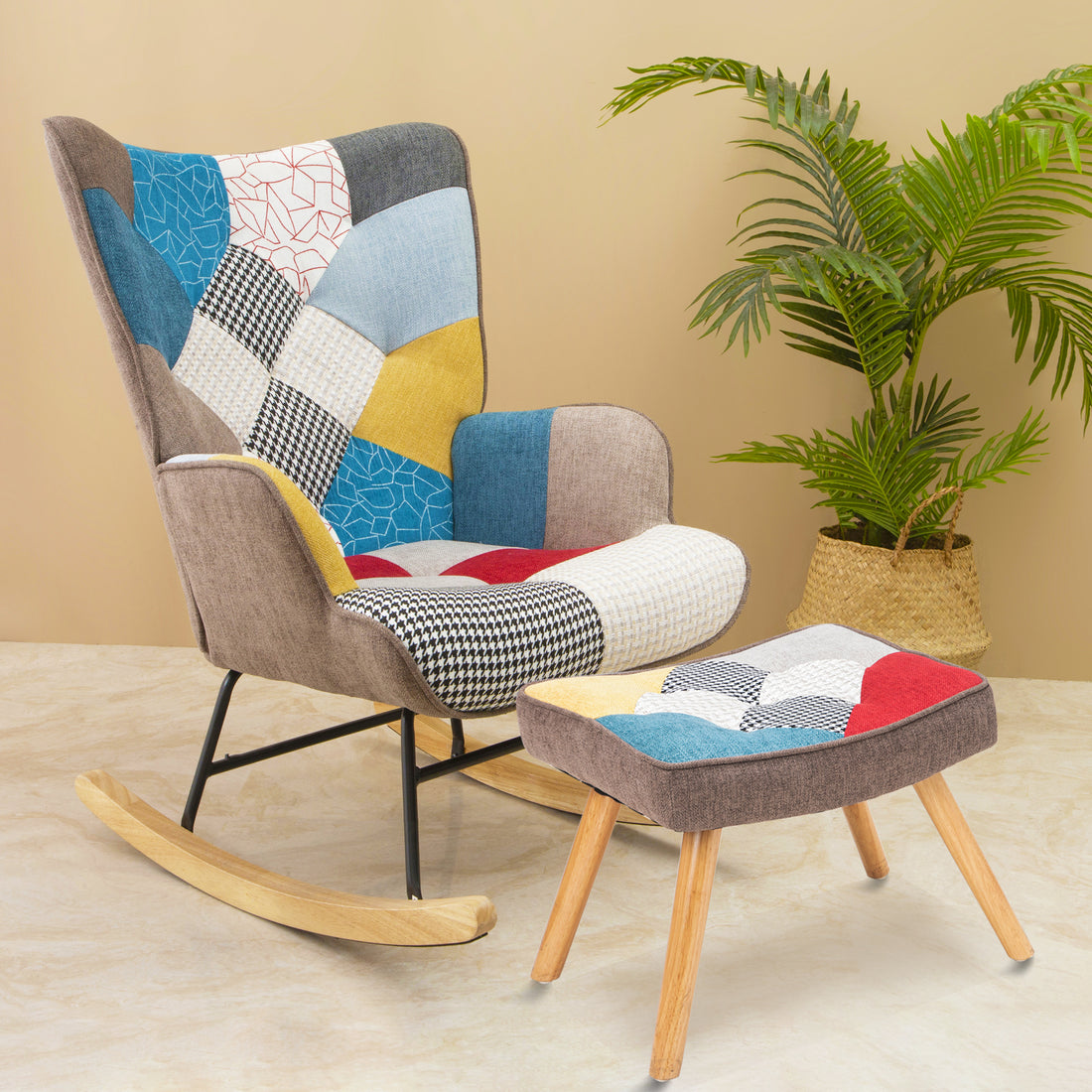 Rocking Chair With Ottoman, Mid Century Fabric Rocker Chair With Wood Legs And Patchwork Linen For Livingroom Bedroom Colorful Textile