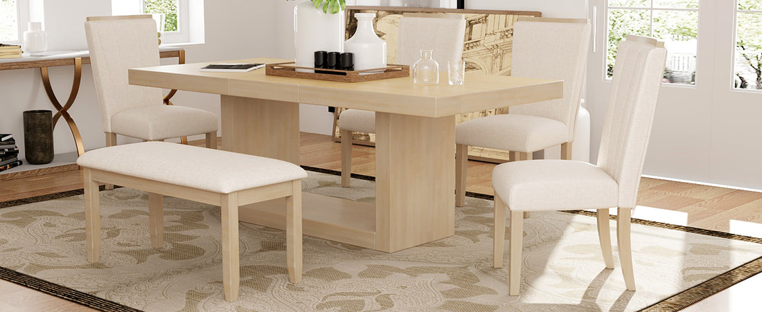 Contemporary 6 Piece 78Inch Extendable Pedestal Dining Table Set With 18Inch Removable Leaf And Dining Bench, 4 Upholstered Dining Chairs, Natural Wood Dining Room Solid Wood Rubberwood Rectangular Dining Table With Chair And Bench Upholstered Chair Wood
