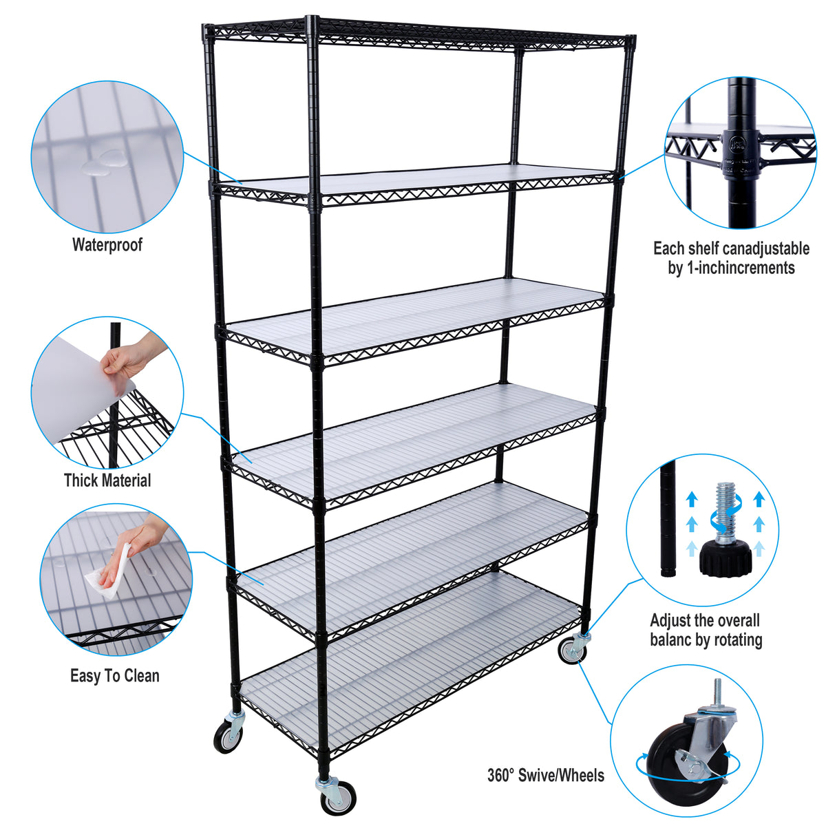 6 Tier 6000Lbs Capacity Nsf Metal Shelf Wire Shelving Unit, Heavy Duty Adjustable Storage Rack With Wheels & Shelf Liners For Commercial Grade Utility Steel Storage Rack, Black 82"H X 48"L X 18"D Black Metal