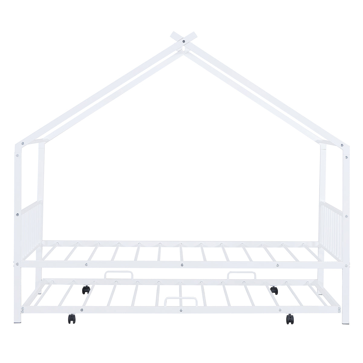 Twin Size Metal House Bed With Twin Size Trundle, White Twin White Metal
