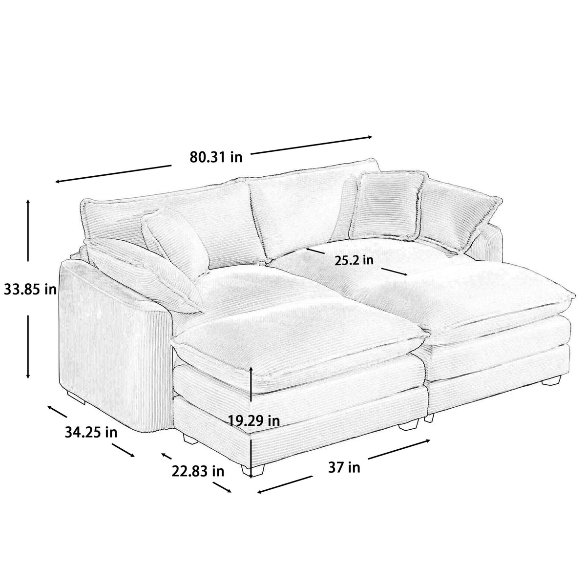 Corduroy Two Seater Sofa With 2 Footrest, 2 Seater Sofa With Ottoman For Small Living Spaces, Grey Corduroy Sofa Grey Corduroy 2 Seat