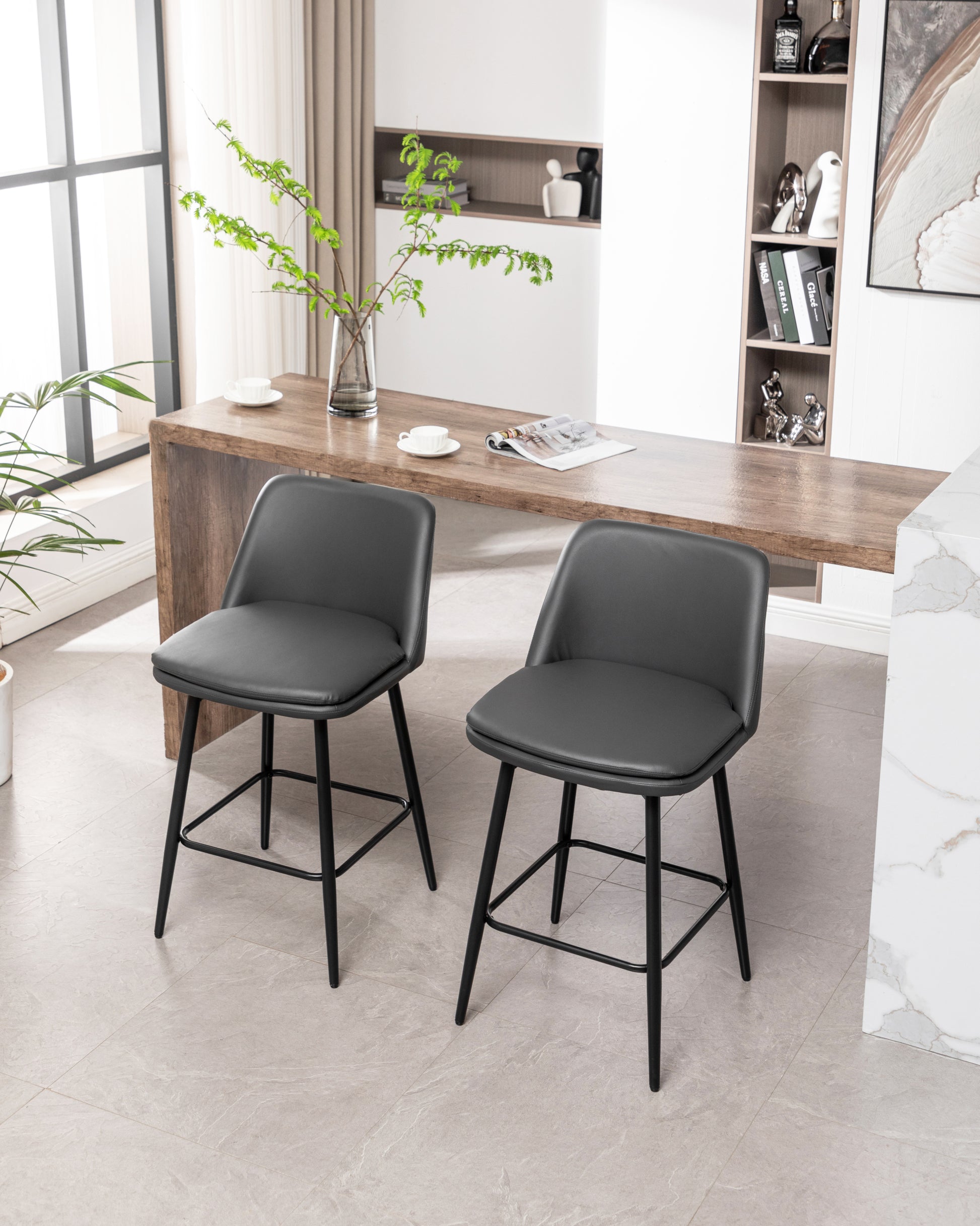 Counter Height Swivel Bar Stools Set Of 2, 360 Swivel Upholstered Barstools With Back And Metal Legs, 25.6" Seat Height,Counter Stools For Kitchen Island And Pub,Faux Leather,Grey Dark Grey Set Of 2 Pu Leather