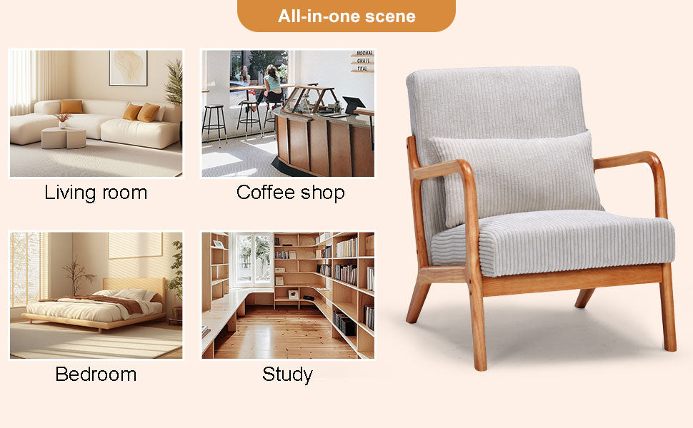 Mid Century Modern Accent Chair, Arm Chair Living Room Chairs With Pillow Upholstered Reading Chair With Solid Wood Frame & Living Room Bedroom Balcony Beige Beige Brown Primary Living Space