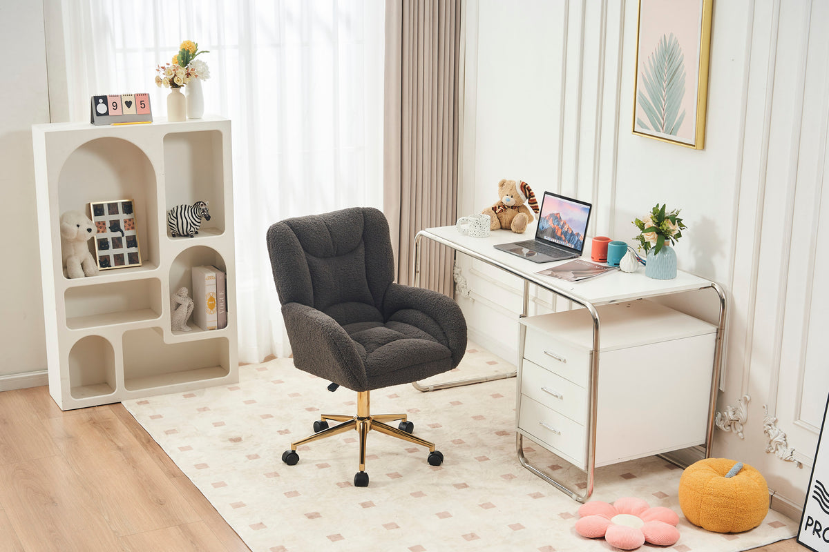 005 Teddy Fabric 360 Swivel Home Office Chair With Gold Metal Base And Universal Wheels,Dark Gray Solid Dark Gray Office Sponge Wipe Clean Modern Office Chairs Tufted Back Foam Swivel Teddy