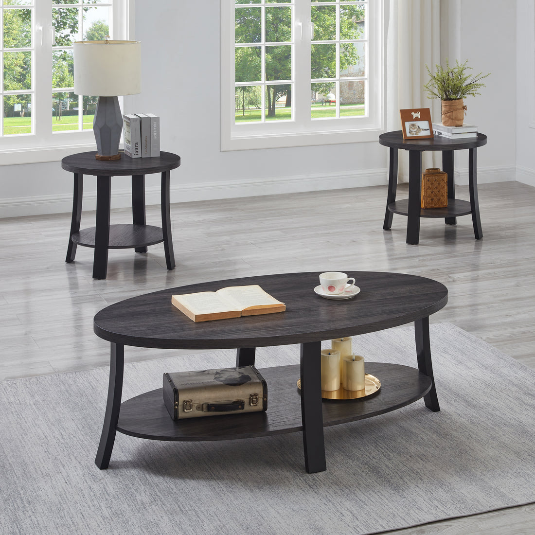 Anze Contemporary Oval Wood Shelf 3 Piece Coffee Table Set Charcoal Primary Living Space Coffee & End Tables Mdf