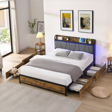 Full Size Bed Frame, Storage Headboard With Charging Station And 4 Storage Drawers,Led Lightsbrown And And Gray Full Black Brown Grey Mdf Metal