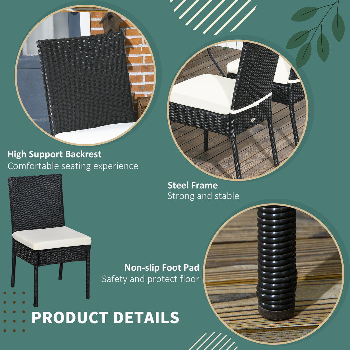 Outsunny 4 Pe Rattan Outdoor Dining Chairs With Cushions, Patio Wicker Dining Chairs With Backrests For Porch, Deck, Garden, Cream White Cream White Steel