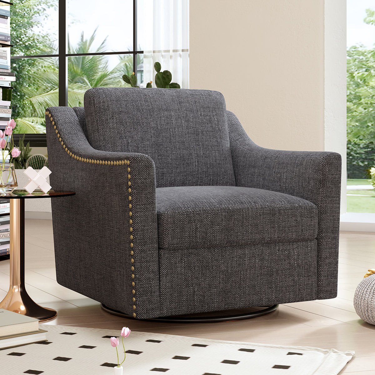 360 Degree Swivel Armchair Cotton Linen Skin Friendly Fabric Ergonomic Design Brass Nail Decorative Armchair Living Room Chairs Bedroom Chairs Living Room Chairs Black Legs Suitable For Indoor Homes Black Gray Modern Foam Cotton Linen