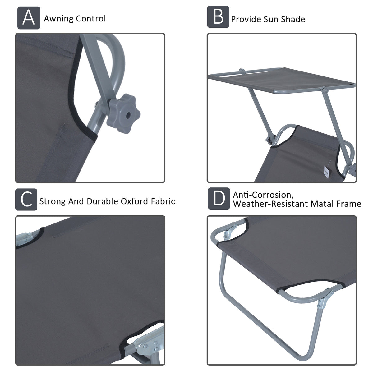 Outsunny Outdoor Lounge Chair, Adjustable Folding Chaise Lounge, Tanning Chair With Sun Shade For Beach, Camping, Hiking, Backyard, Gray Gray Steel