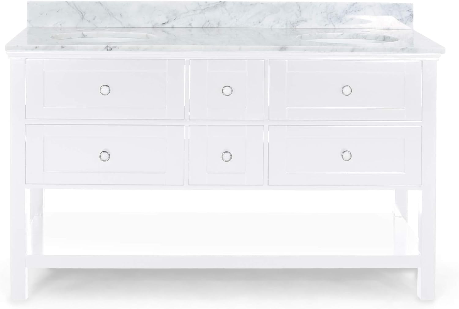 61'' Bathroom Vanity With Marble Top & Double Ceramic Sinks, 4 Drawers, Open Shelf, White White Plywood