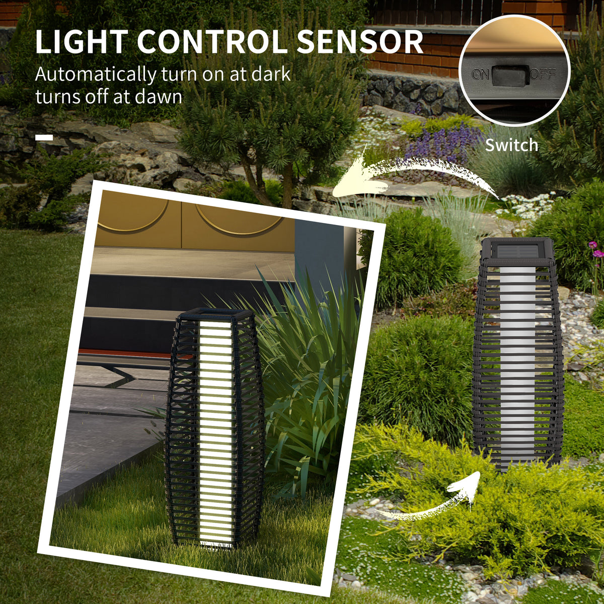 Outsunny Solar Floor Lamp, Outdoor Rattan Garden Lantern Pathway Light & Decorative Driveway Lighting With Auto On Off Led Lights For Porch, Yard, Lawn, Courtyard, Deck, Gray Gray Steel