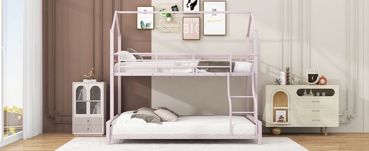 Metal House Bunk Bed, Twin Over Full, Pink Full Pink Metal