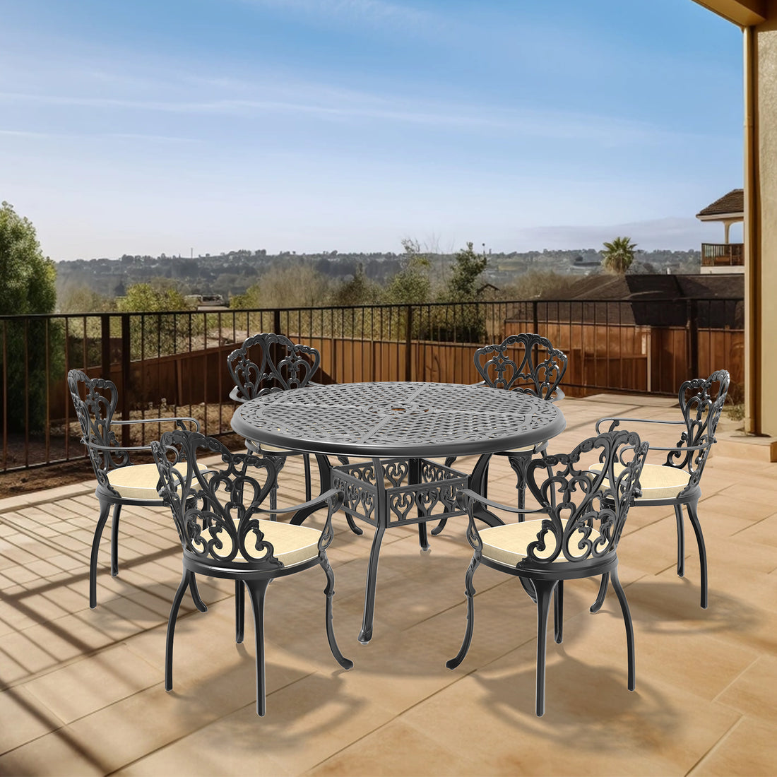 Cushions In Random Colors 7 Piece Set Of Cast Aluminum Patio Furniture With Cushions Yes Dining Set Black Seats 6 Rust Resistant Frame Water Resistant Cushion Garden & Outdoor Complete Patio Sets Aluminium