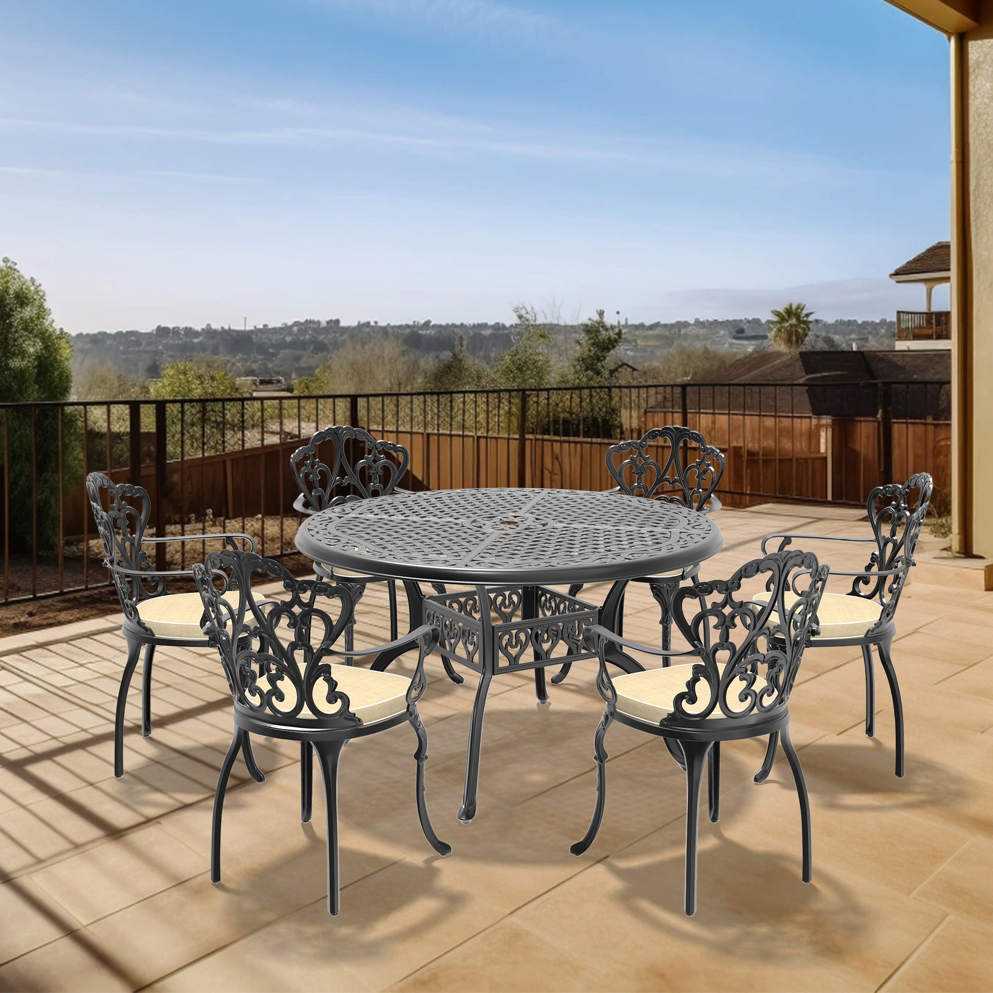 Cushions In Random Colors 7 Piece Set Of Cast Aluminum Patio Furniture With Cushions Yes Dining Set Black Seats 6 Rust Resistant Frame Water Resistant Cushion Garden & Outdoor Complete Patio Sets Aluminium
