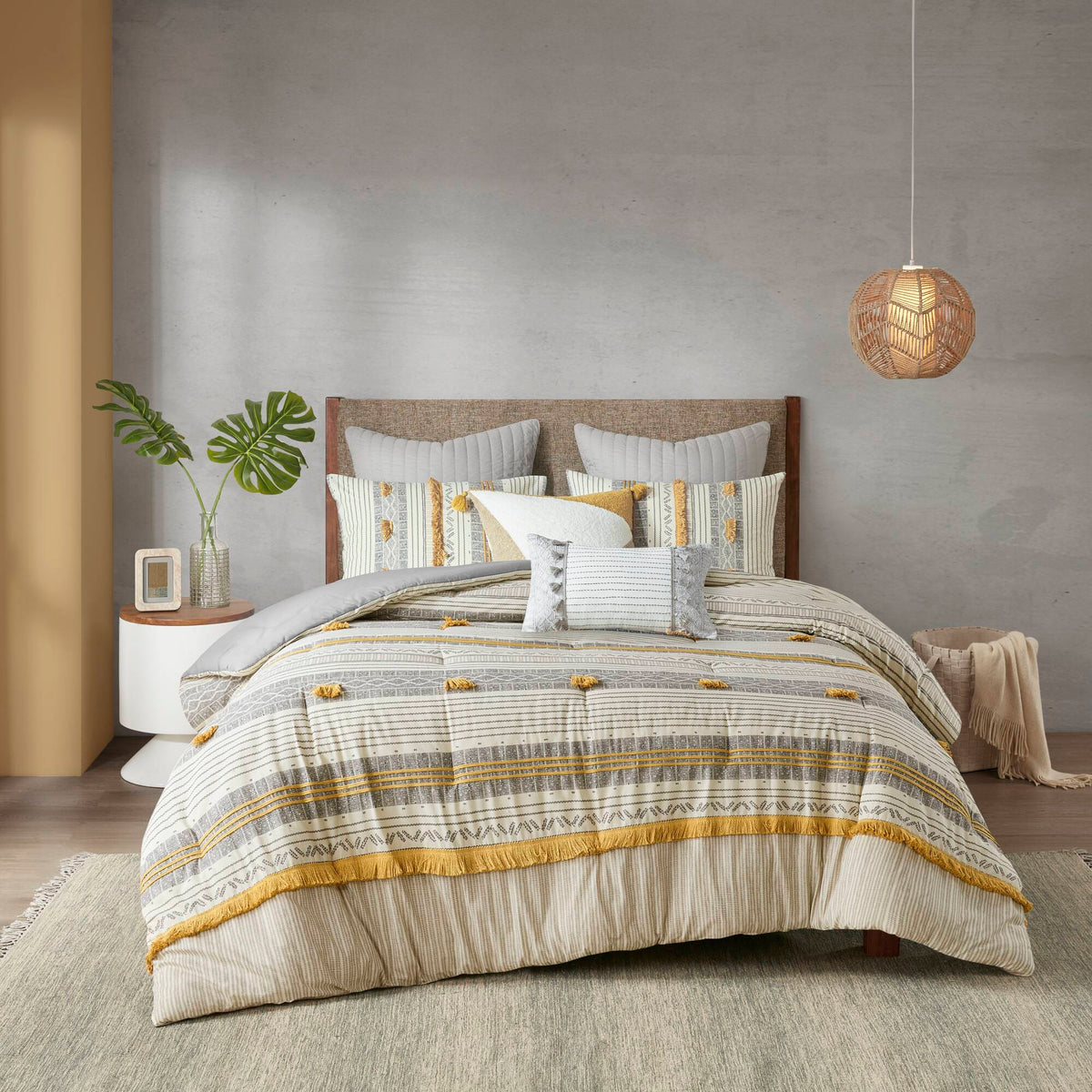 3 Piece Cotton Comforter Set Gray Yellow King Cal King King Gray Yellow Cotton
