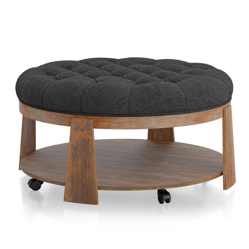 Wire Brushed Finish Natural Tone Dark Gray 1Pc Ottoman Transitional Style Deep Button Linen Like Tufted Seat Open Bottom Shelf Living Room Dark Gray Linen Primary Living Space Beige Contemporary,Rustic,Transitional Rubberwood Round Tufted Solid Wood