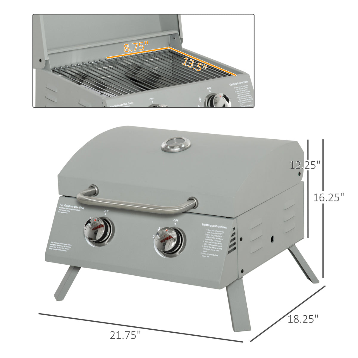 Outsunny 2 Burner Propane Gas Grill Outdoor Portable Tabletop Bbq With Foldable Legs, Lid, Thermometer For Camping, Picnic, Backyard, Light Grey Light Grey Steel