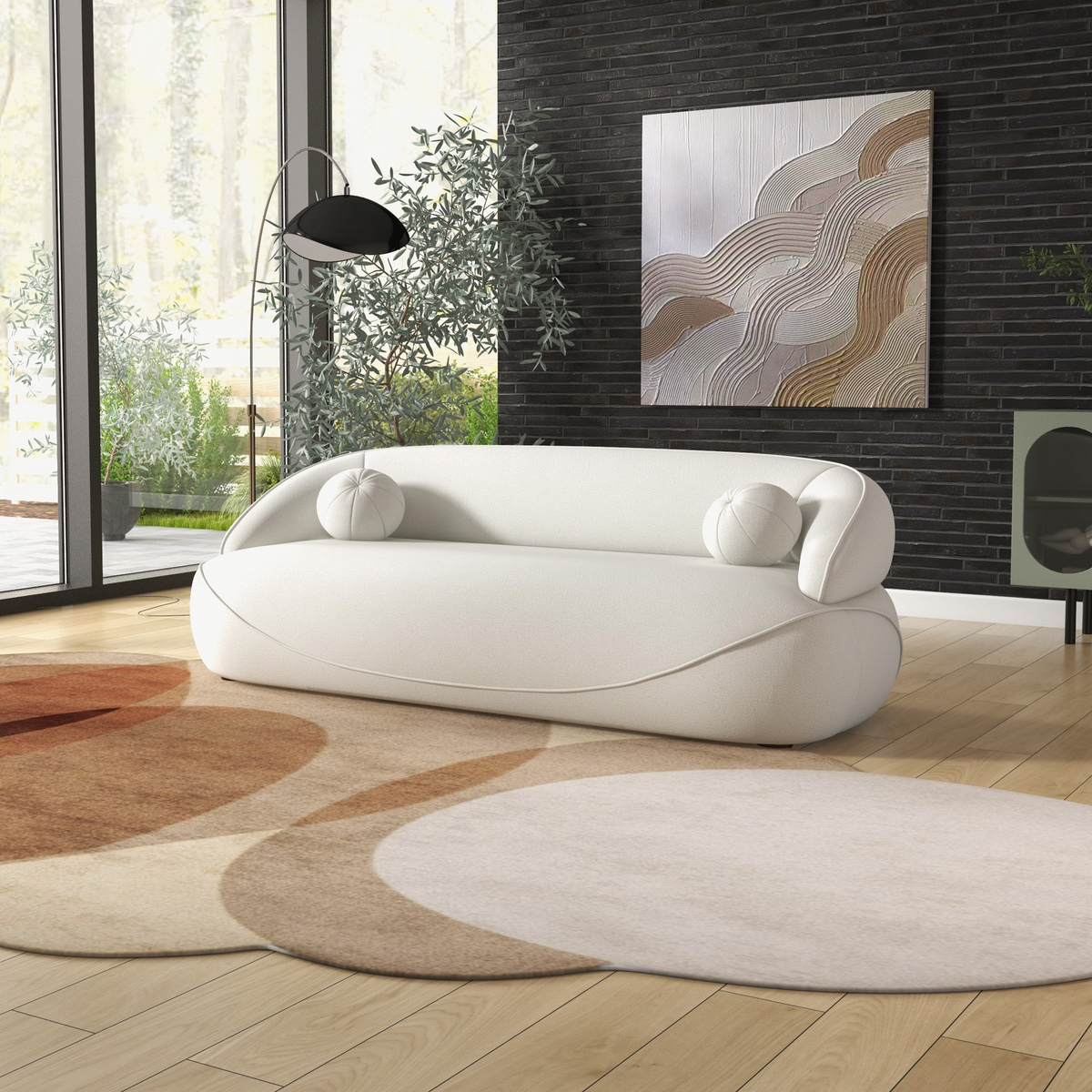 Andrew Beige Boucle Sofa Beige,Ivory White,Light Beige,White Wood Primary Living Space Medium Firm Mid Century Modern Foam Boucle,Solid Wood 3 Seat
