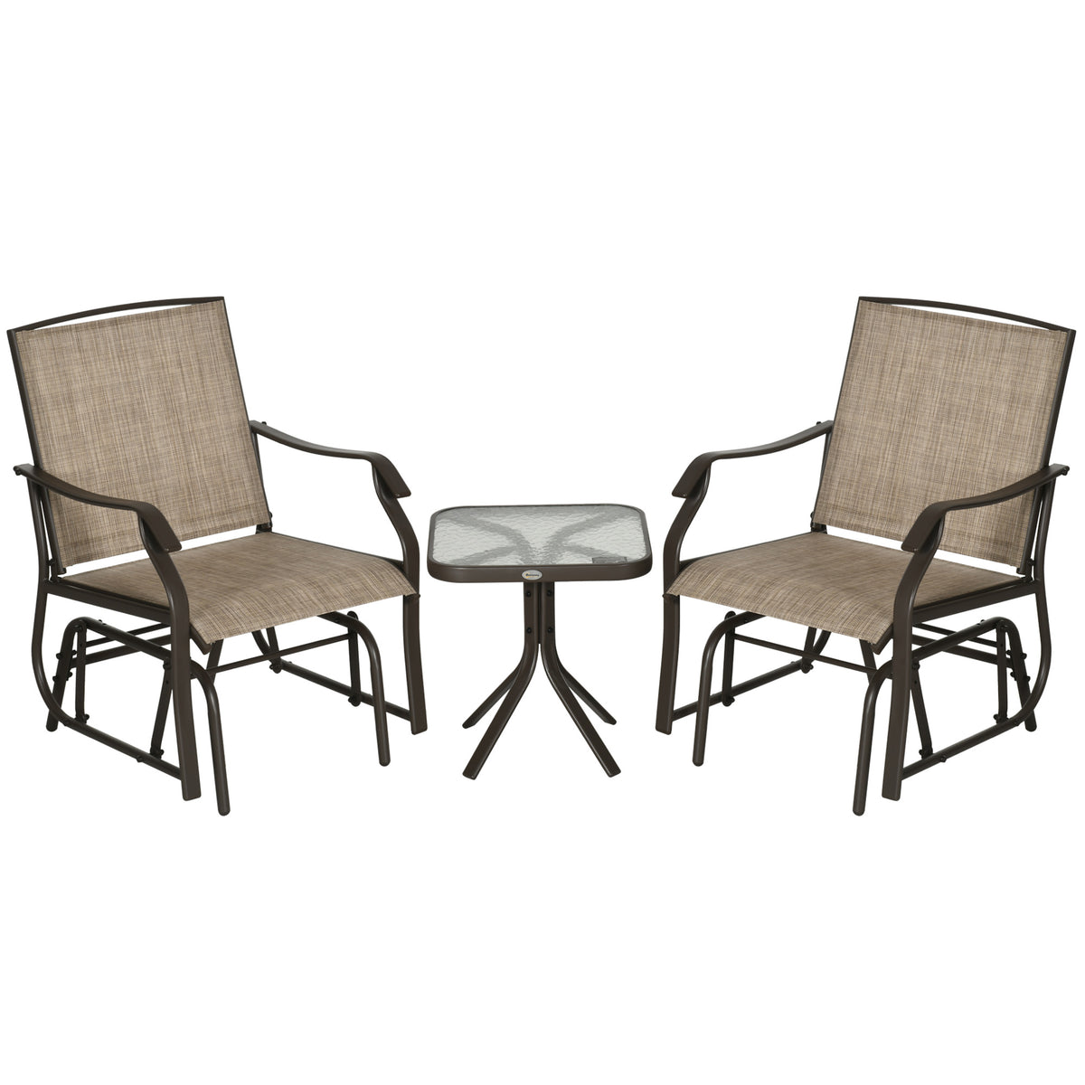 Outsunny 3 Piece Outdoor Glider Chair With Coffee Table Bistro Set, 2 Patio Rocking Swing Chairs Withsling Fabric, Glass Tabletop, For Backyard, Garden And Porch, Mixed Brown Brown Fabric Metal