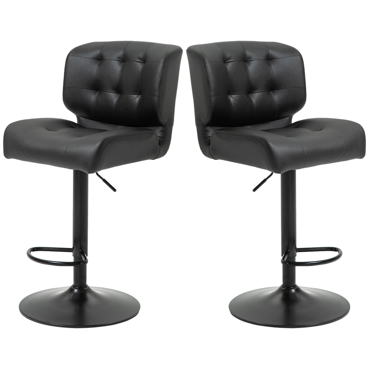 Homcom Bar Height Bar Stools Set Of 2 With Adjustable Seat, Thick Padded Cushion And Metal Footrest For Home Bar, Black Black Metal
