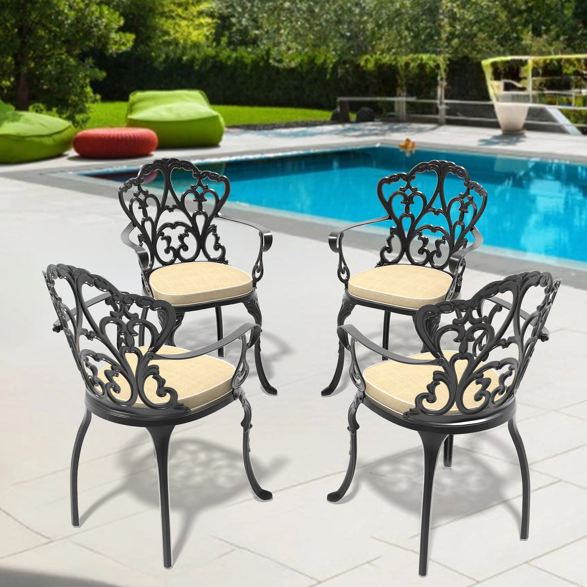 Cast Aluminum Patio Dining Chair 4Pcs With Black Frame And Cushions In Random Colors Yes Dining Set Black Rust Resistant Frame Water Resistant Cushion Garden & Outdoor Complete Patio Sets Aluminium