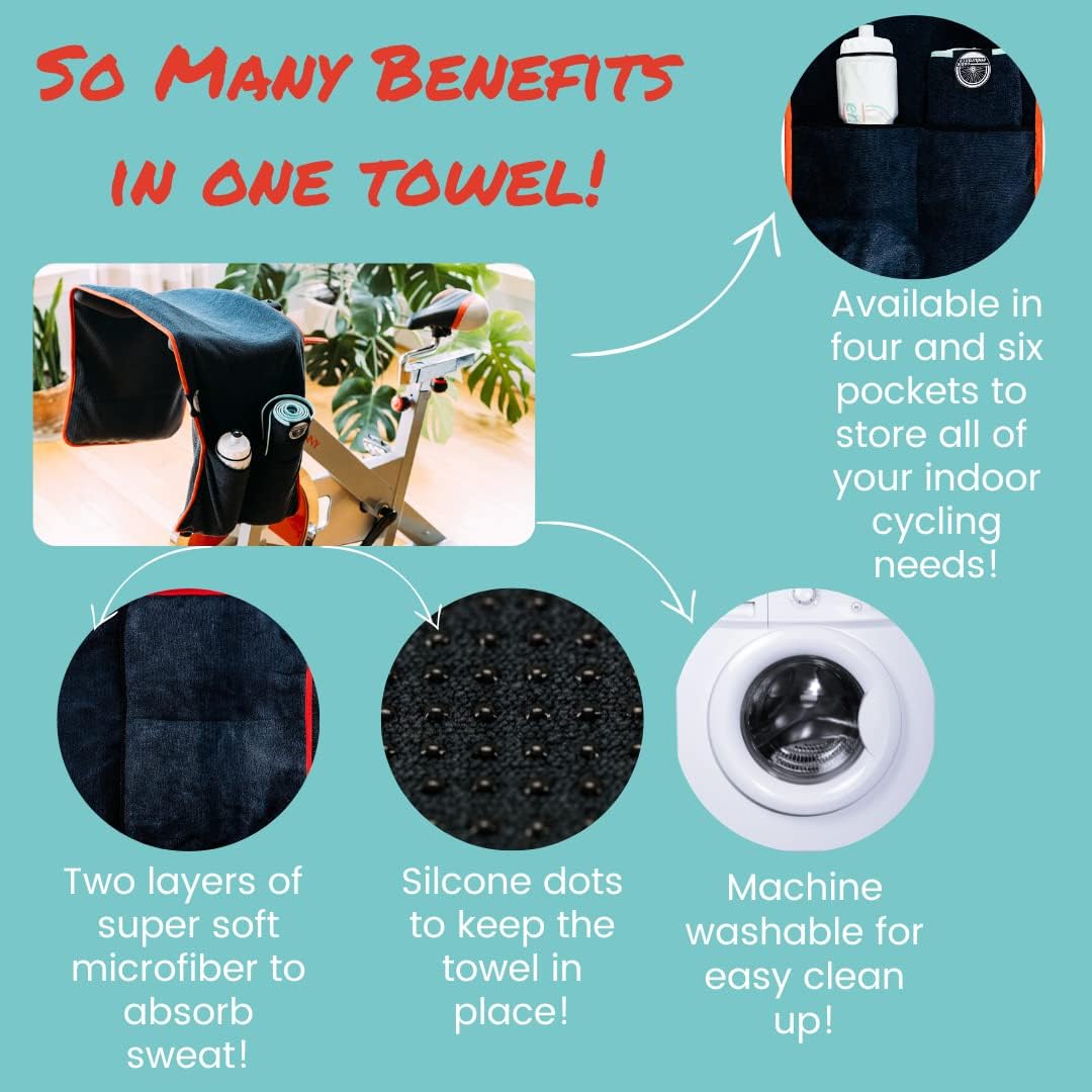 Sweat Protection Towel, Handdlebar Sweat Towel For Peloton, Echelon Bike, Bike Trainer Stand, Indoor Cycling Workout Towel With 6 Pocket For Water Bottle Or Phone Holder Black Polyester