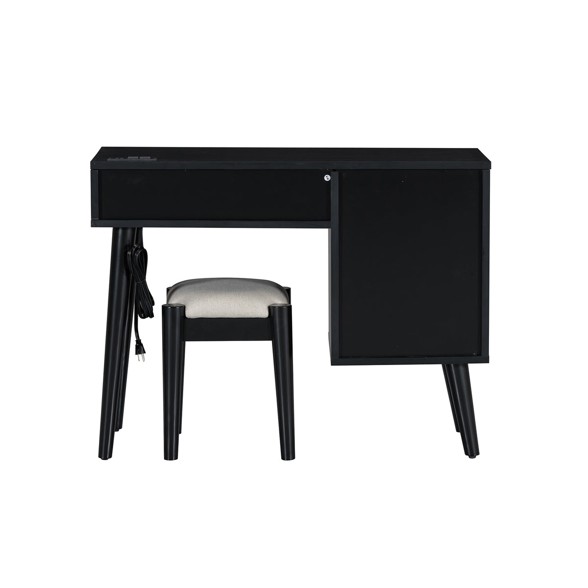 39" Retro Bohemian Style Wooden Makeup Vanity Set With Charging Plug&Usb Port And Stool, Dressing Table With 3 Storage Drawers And 1 Rectangular Rattan Drawer, Black Black 4 Drawers Wood