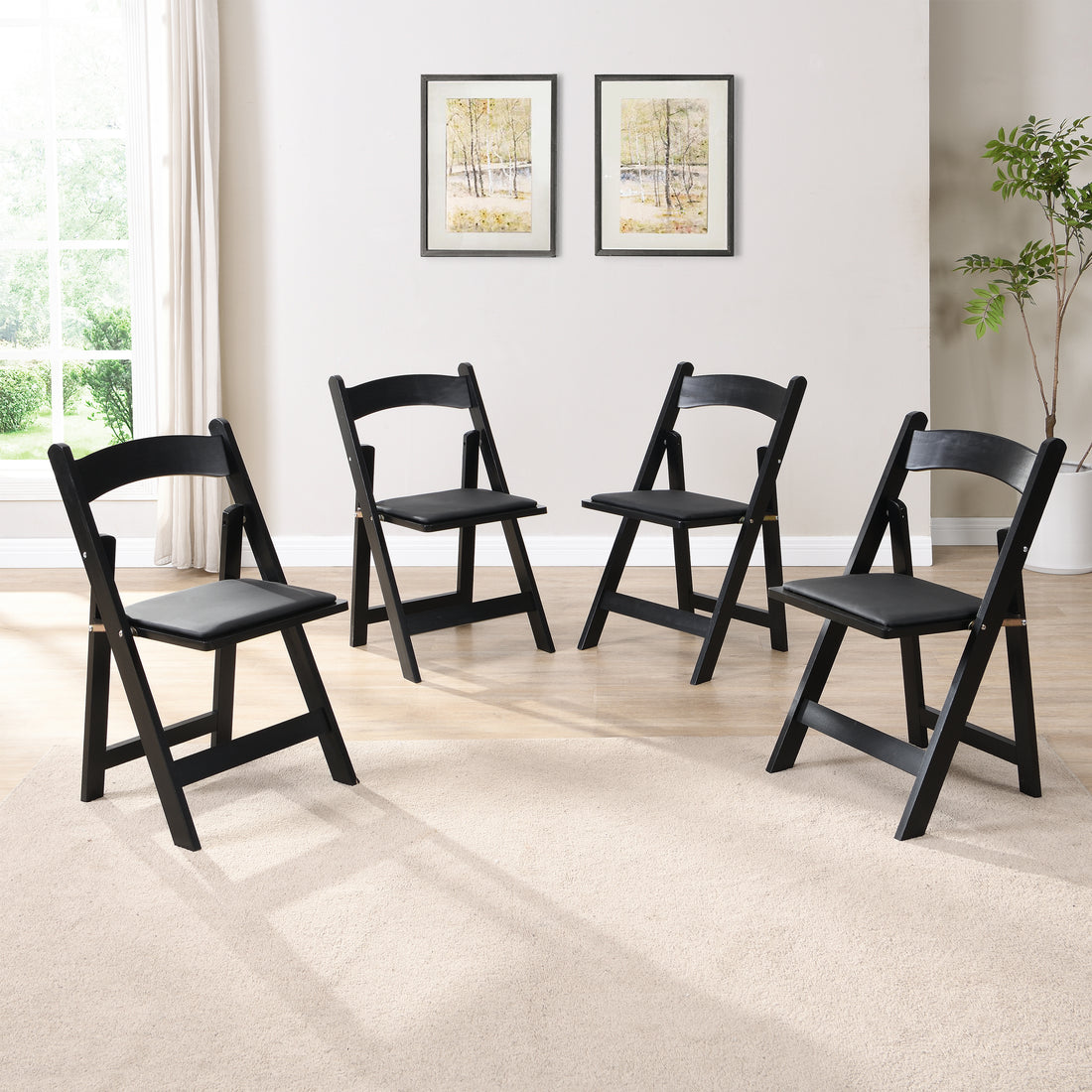 Upholstered Folding Chair, Space Saving,Easy To Carry, 4Pcs,Black Cushion Black Shelf,Dining Room Black Solid Wood