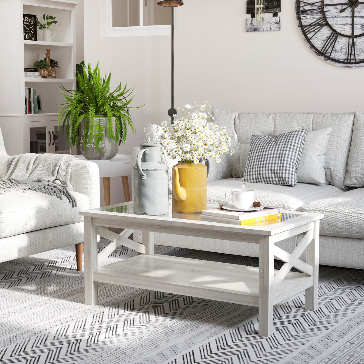 Homcom Farmhouse Style Coffee Table With Wood Frame, Tempered Glass Tabletop And Underneath Storage Shelf, Side Table For Living Room, 39.25"X21.75", White Oak White Oak Mdf
