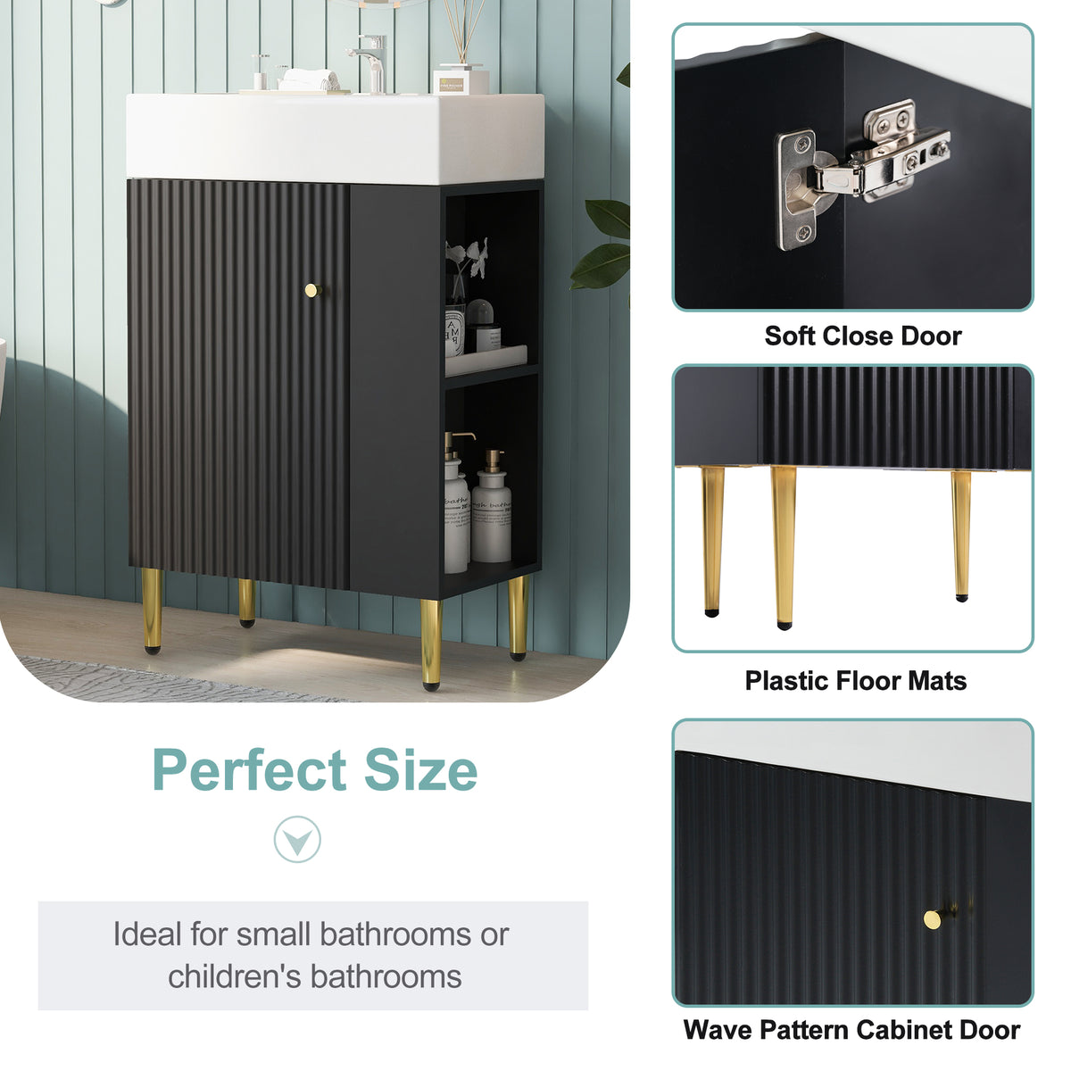 21.6" Black Bathroom Vanity, Combo Cabinet, Bathroom Storage Cabinet, Single Ceramic Sink, Right Side Storage Black Bathroom Ceramic Mdf