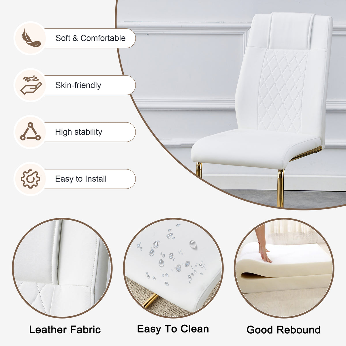 Table And Chair Set.The Table Has A Glass Tabletop With Imitation Marble Pattern Stickers And Stainless Steel Golden Table Legs. Paried With Comfortable Chairs With Pu Seats And Metal Legs. White Gold Seats 6 Glass Metal