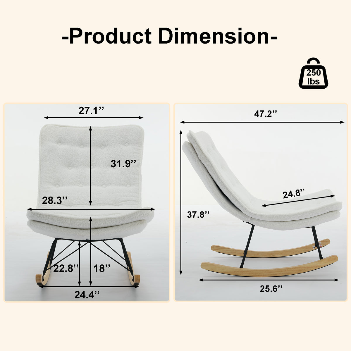 Lazy Rocking Chair,Comfortable Lounge Chair With Wide Backrest And Seat Wood Base, Upholstered Armless Rocker Chair For Living Room, Balcony,Bedroom And Patio Porch. White Cushion Iron White Primary Living Space Sponge Square Casual Rocking Chairs