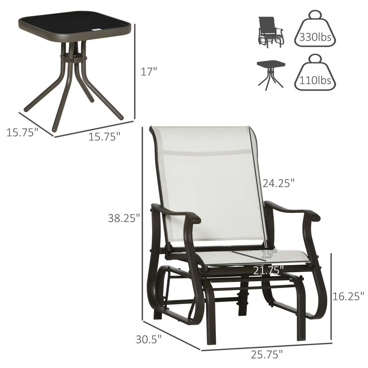 Outsunny 3 Piece Outdoor Gliders Set Bistro Set With Steel Frame, Tempered Glass Top Table For Patio, Garden, Backyard, Lawn, Cream White Cream White Steel