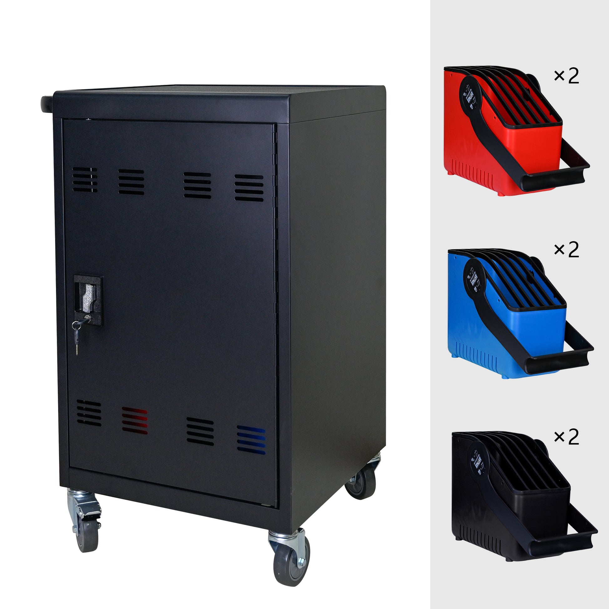 Tablet Laptop 32 Bit Plastic Device Basket Device For Mobile Charging Trolley Includes Cable Management Dividers, Cable Clips, Storage Compartment, And Removable Doors Black Matt Black Steel Metal