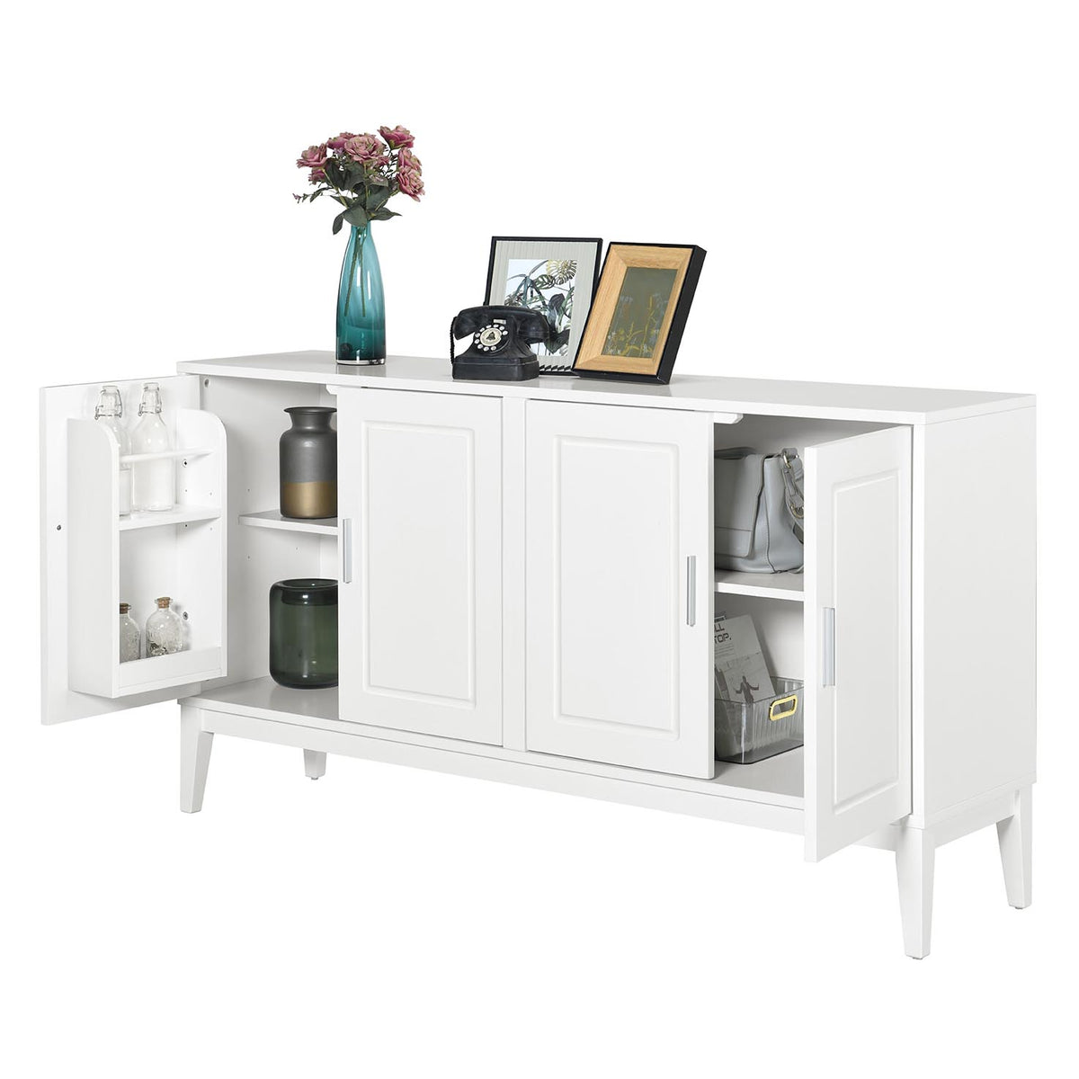 4 Door Sideboard Storage Cabinet With Door Shelf For Living Room And Dining Room, Two Large Cabinets With Adjustable Shelf, White White Rubberwood Solid Wood Mdf