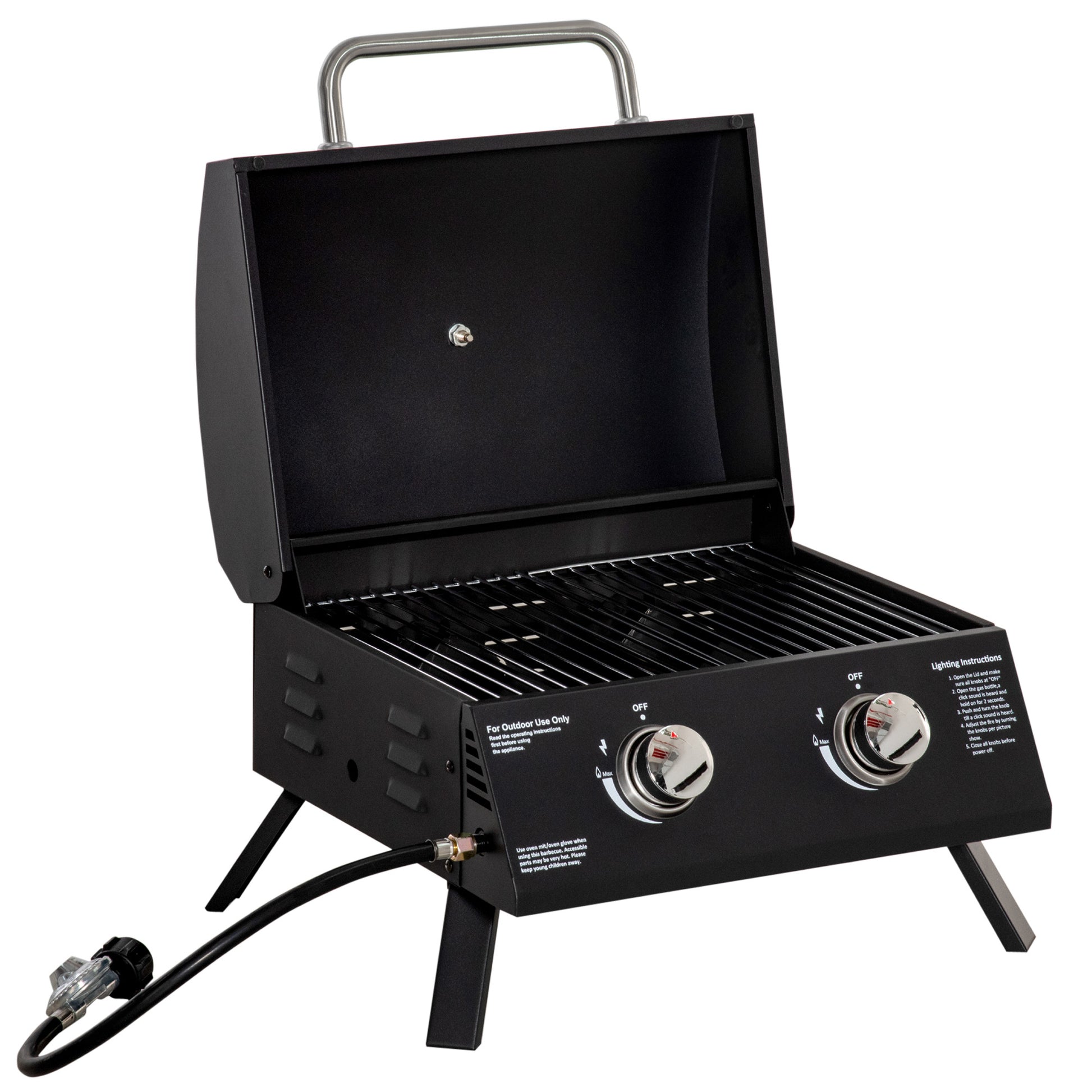Outsunny 2 Burner Propane Gas Grill Outdoor Portable Tabletop Bbq With Foldable Legs, Lid, Thermometer For Camping, Picnic, Backyard, Black Black Carbon Steel