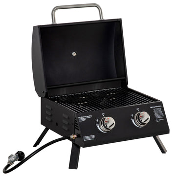 Outsunny 2 Burner Propane Gas Grill Outdoor Portable Tabletop Bbq With Foldable Legs, Lid, Thermometer For Camping, Picnic, Backyard, Black Black Carbon Steel