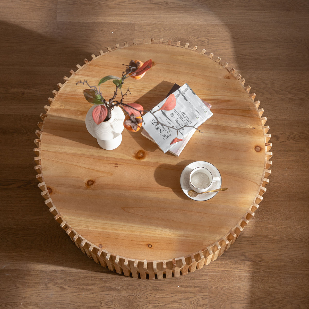31.5" Retro Fashion Style Cylindrical Coffee Table With Vertical Texture Relief Design,Suitable For Living Room,Office,And Dining Room Natural Fir Wood