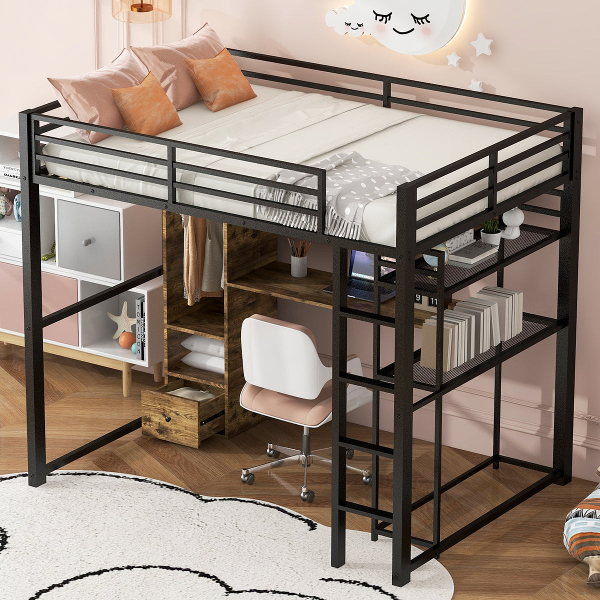 Full Size Metal Loft Bed With Built In Wardrobe, Drawer, Desk And Shelves, Black Expected Arrival Time: 9.7 Box Spring Not Required Full Black Metal Wood Metal