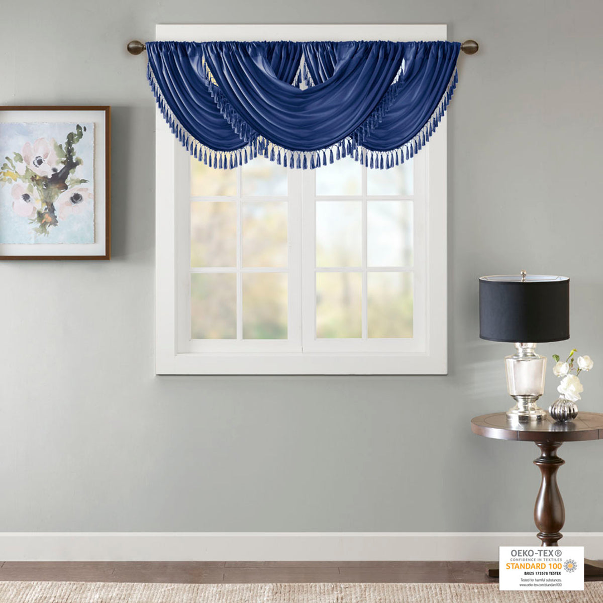 Faux Silk Waterfall Embellished Valance Navy 38X46" Navy Polyester