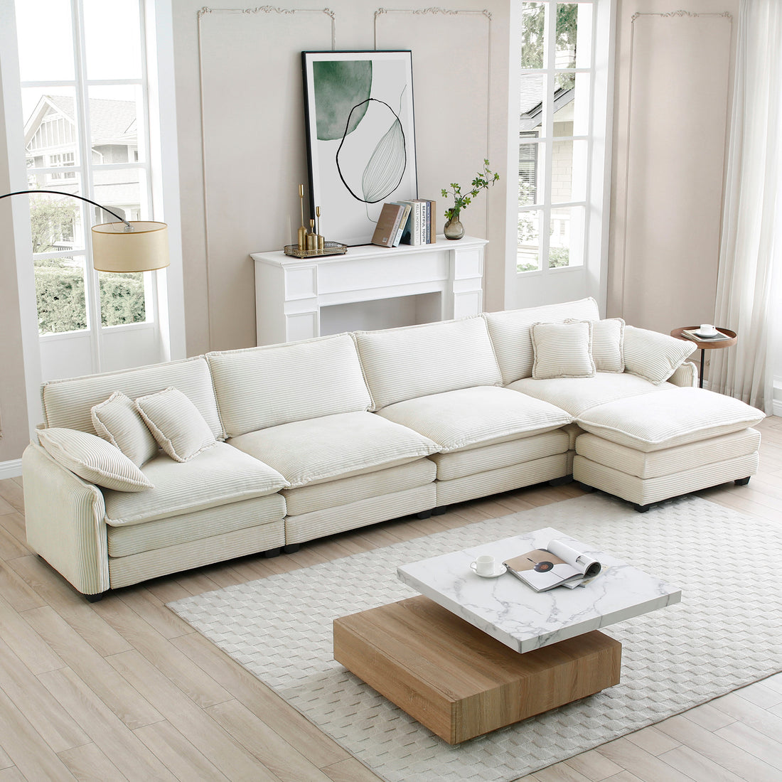 Corduroy Sofa Modern Upholstered 4 Seater With With 1 Footstool Corduroy Fabric Sofaoffice Living Room Apartment Comfort Sofa, Easy To Assemble With 2 Arm Pillows And 4 Throw Pillows Beige Corduroy 4 Seat
