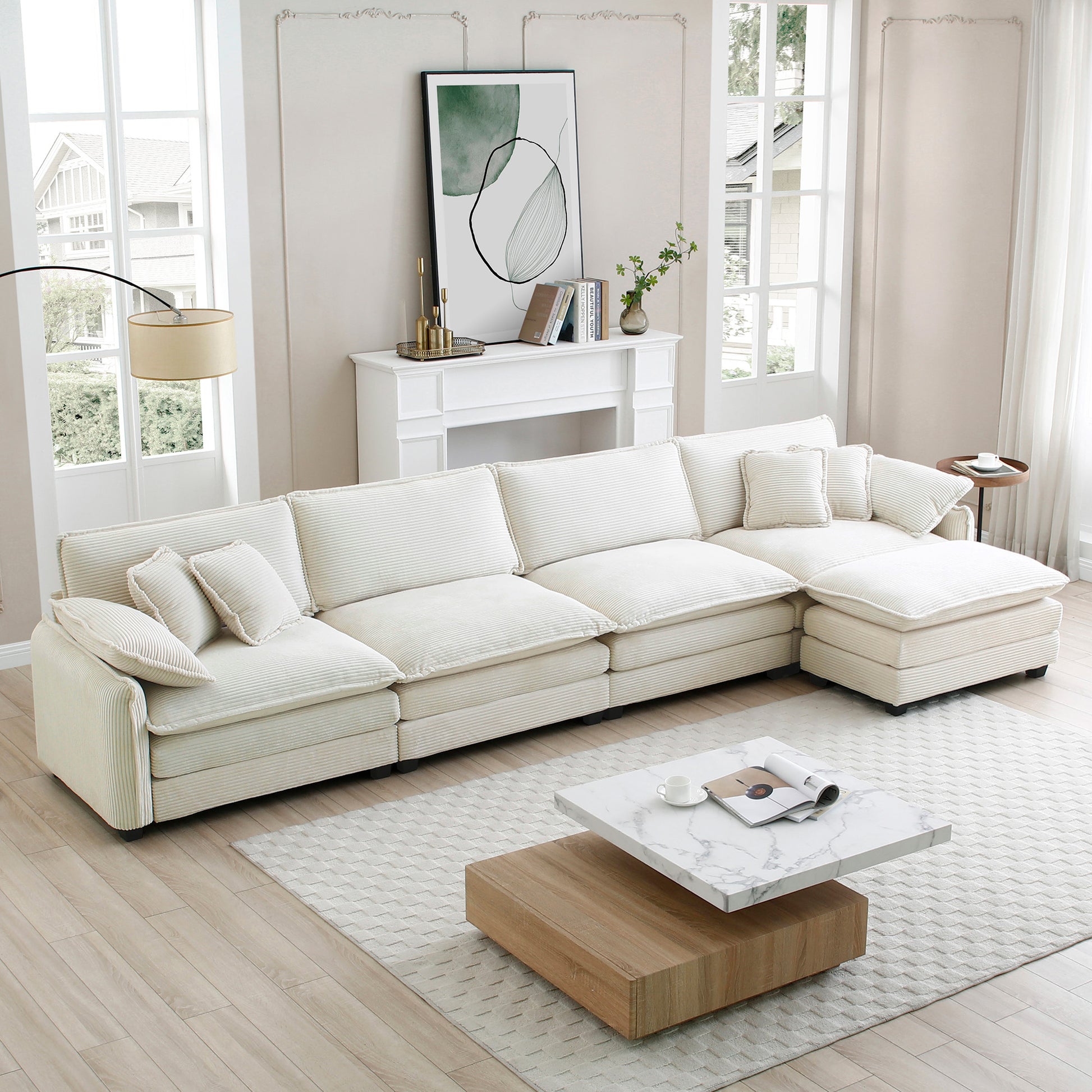 Corduroy Sofa Modern Upholstered 4 Seater With With 1 Footstool Corduroy Fabric Sofaoffice Living Room Apartment Comfort Sofa, Easy To Assemble With 2 Arm Pillows And 4 Throw Pillows Beige Corduroy 4 Seat
