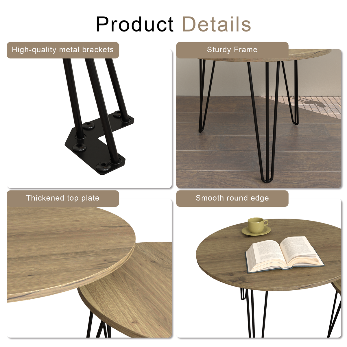 27.56'' Round Nesting Coffee Table Set Of 2, Circular Nesting End Table Set, Round Wooden Tabletop, And Sturdy Metal Base For Living Room, Bedroom, Brown Rustic Brown Round Wood Metal