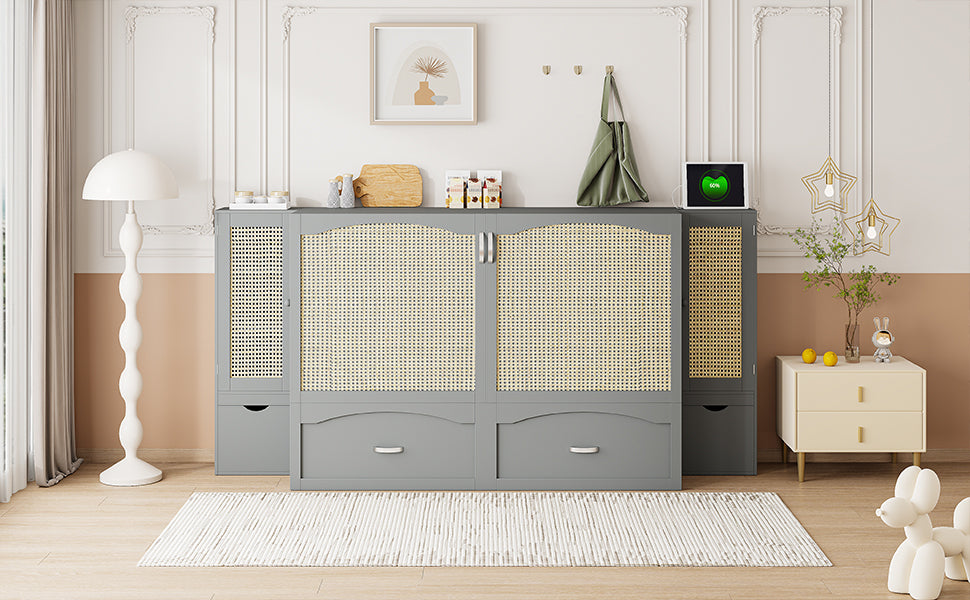 Queen Size Murphy Bed Wall Bed With Drawer And Rattan Decoration With 2 Storage Cabinets, One Set Of Sockets & Usb Ports, Pulley Structure Design, Gray Queen Gray Plywood
