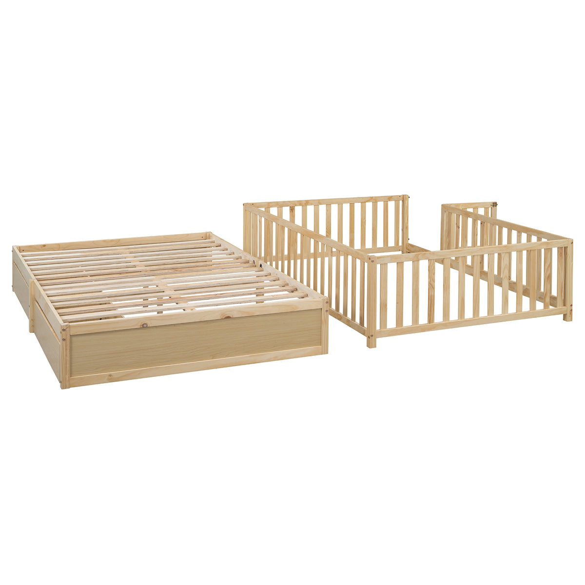 Full Size Wood Daybed With Fence Guardrails And 2 Drawers, Split Into Independent Floor Bed & Daybed, Natural Old Sku :Lp000882Aan Full Natural Solid Wood Mdf